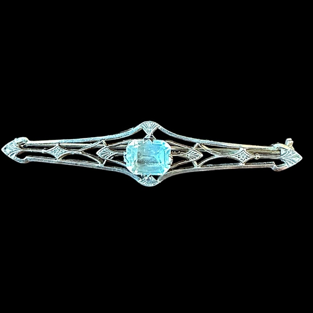 Vintage Art Deco Sterling Silver Aqua Blue Glass Filigree Brooch - Picture 1 of 9
